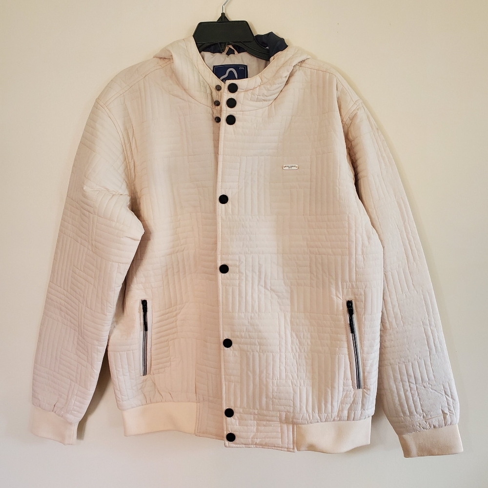 NWT BEING HUMAN Quilted Puffer Coat Cream Black Hooded Jacket Size Mens 2XL